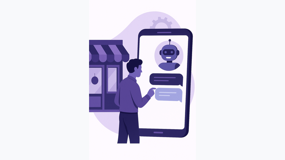 Illustration of a small business owner interacting with an AI chatbot on a smartphone